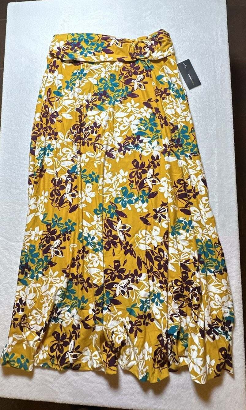 Robert Louis Floral Mustard Yellow Midi Skirt with Ring Detail Size XL